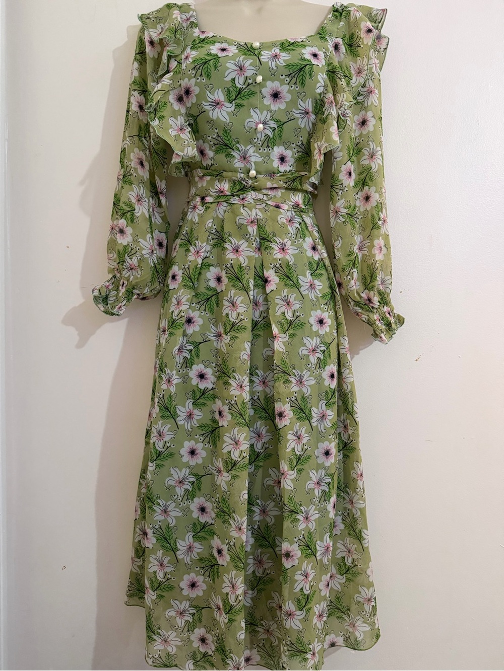 Floral Green Ruffle Midi Dress - Women's - Picture 1 of 5